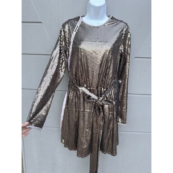 Mac Duggal Gold Sequin Embellish Long Sleeve High Neck Mini Dress Sz 8 $398 NYE - Picture 9 of 15